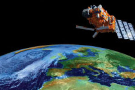 Satellite in outer space with Planet Earth on background