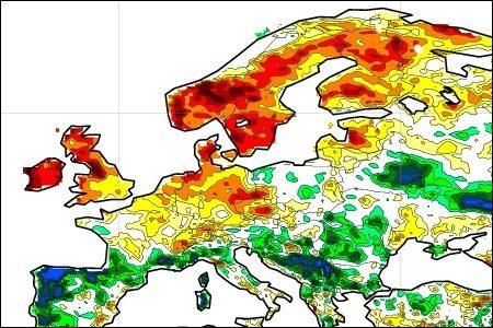 Positive EFI values for 2-metre temperature on forecast day 1 in Europe, averaged from 1 June to 18 July 2018 Positive EFI values for 2-metre temperature on forecast day 1 in Europe, averaged from 1 June to 18 July 2018