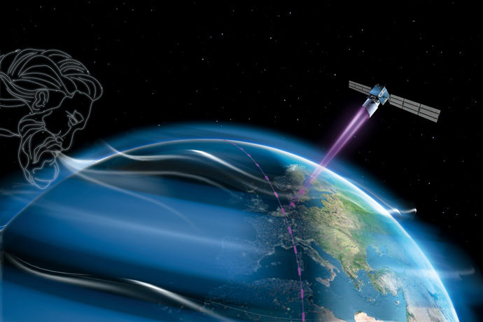 Aeolus in orbit with laser beam Aeolus in orbit with laser beam
