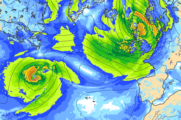 Weather map showing a deep low‑pressure system with coloured wind or precipitation fields and contour lines indicating pressure