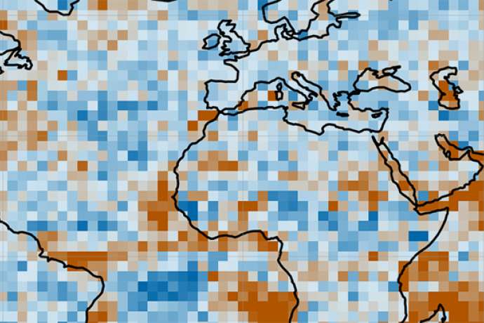 Global gridded map showing spatial variations in blue and orange tones.