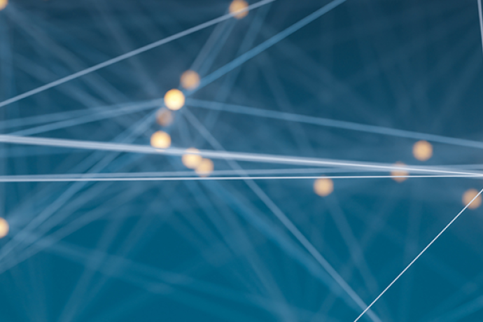 Abstract network graphic with glowing nodes connected by lines on a blue background, representing data or AI connections.