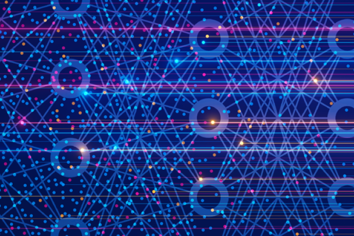 Abstract illustration of a machine learning neural network, with interconnected nodes and data flows in blue, pink and orange converging across a dark background.