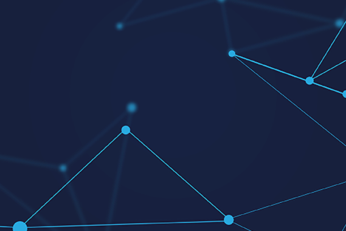 bstract digital network graphic showing interconnected blue nodes and lines on a dark blue background, representing data connections, knowledge networks, or information exchange.