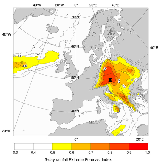EFI rainfall EFI forecast for 3-day rainfall totals for 13 September 00 UTC to 16 September 00 UTC from a forecast run on 9 September 00 UTC. Location of Vienna is marked.