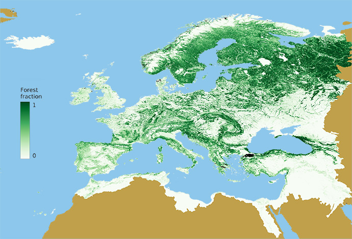 Forest fraction for the LISFLOOD model domain at a resolution of 1 arcmin Forest fraction for the LISFLOOD model domain at a resolution of 1 arcmin