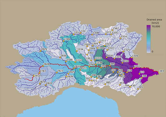 Po river basin, Italy, calibration stations, critical path, and drainage area