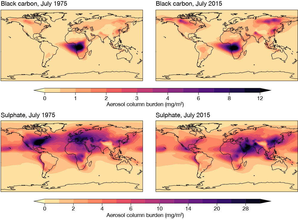 Change in tropospheric aerosol between 1975 and 2015.