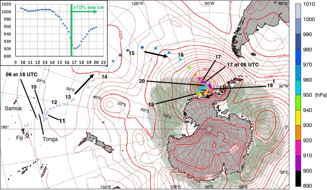 The track of the Peter I storm over its lifetime. The track of the Peter I storm over its lifetime.