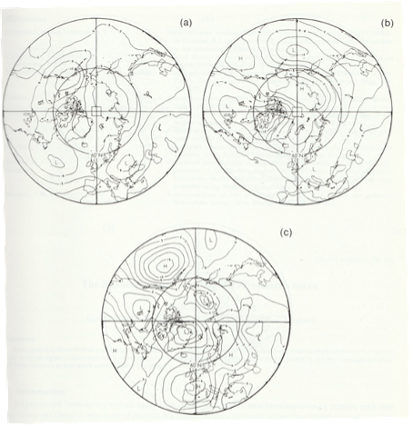 Figure 2 500 hPa geopotential height anomalies (dam) for 3-17 October 1985, predicted by the first dynamical monthly forecast contributed in real-time to the Met Office forecasts (from Murphy and Palmer, 1986). (a) and (b) show four- and three-member clusters from the forecast ensemble, with verifying observations in (c).