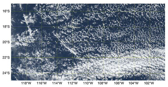 Natural colour image based on observations from the GOES-16 geostationary satellite at 1 km resolution, valid at 1800 UTC on 6 September 2017, in the tropical South Pacific.