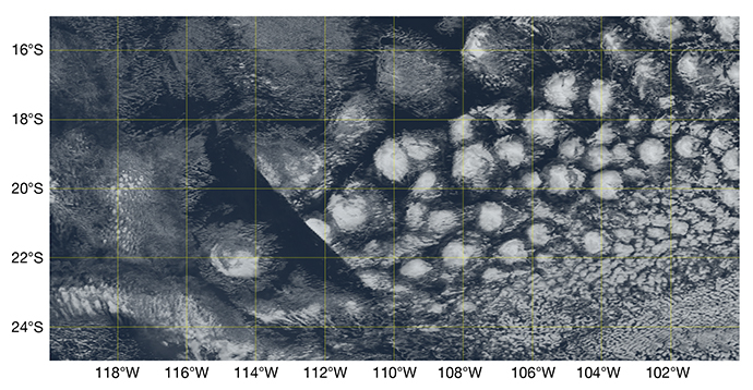 Natural colour image simulated from the INCITE 1.4 km resolution 42 h global IFS forecast valid at 1800 UTC on 6 September 2017, in the tropical South Pacific. 