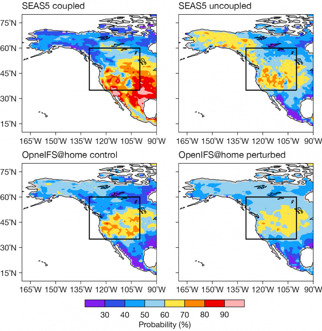 Probability of exceeding the upper quintile of climatology. Probability of exceeding the upper quintile of climatology.