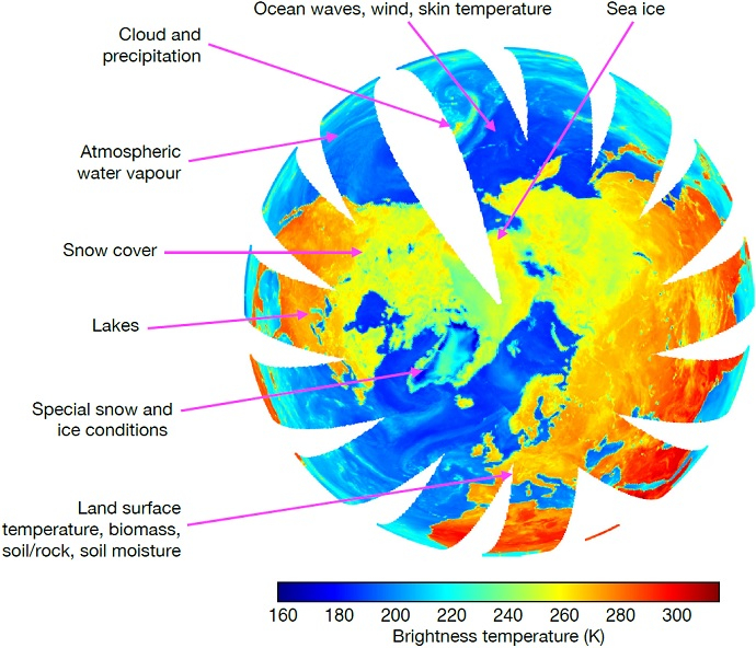 Brightness temperatures from 12 hours of microwave imager overpasses Brightness temperatures from 12 hours of microwave imager overpasses