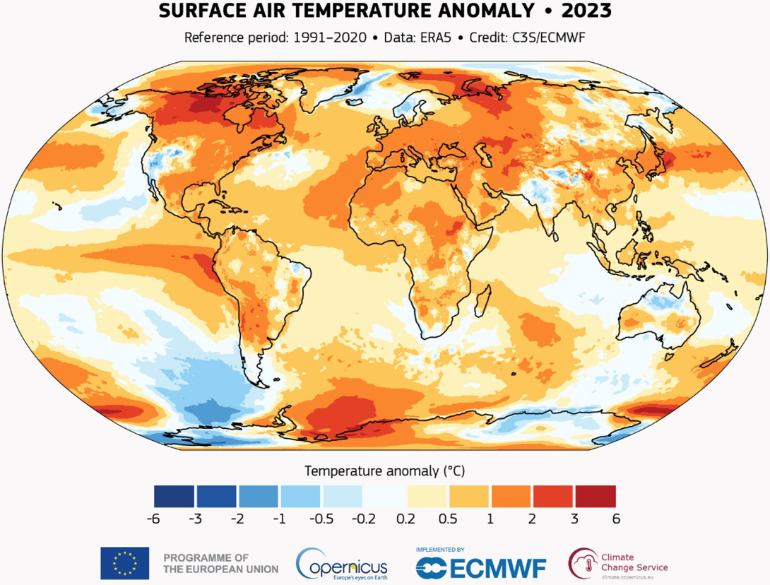 Surface air temperature anomaly for 2023