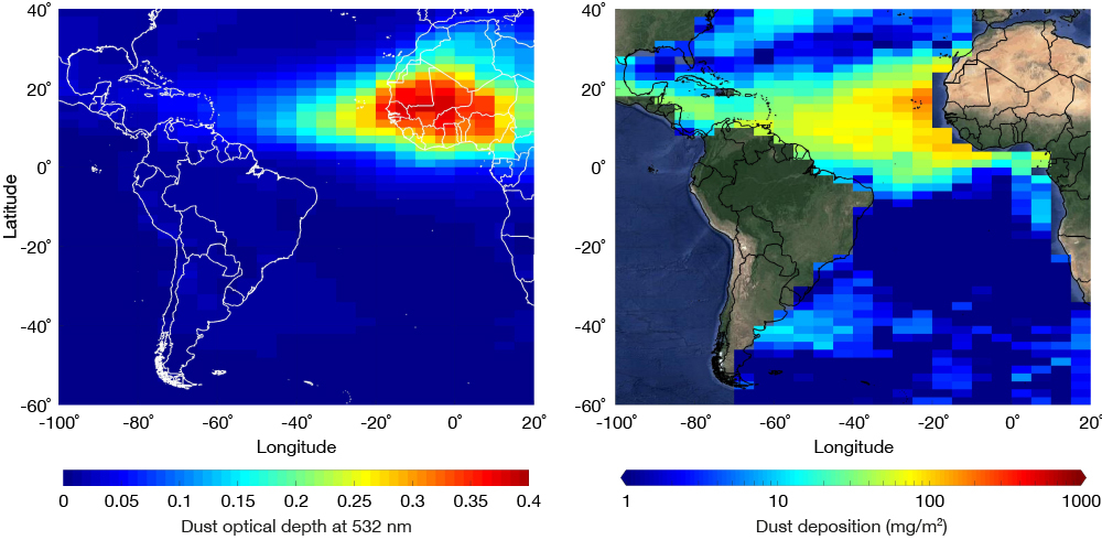 Dust optical depth and dust deposition over the Atlantic.