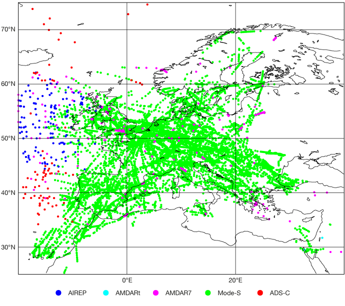 The use of aircraft data over Europe for 30 minutes on 10 January 2024 The use of aircraft data over Europe for 30 minutes on 10 January 2024