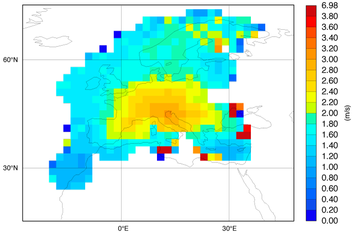 Deviations of wind speed analysis from observations 2-31 August 2022