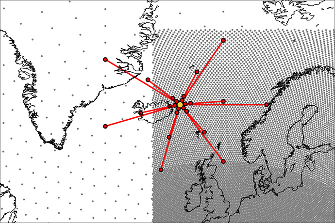Map showing UK, Ireland, and Nordic countries. Grey dots show the nodes in the hidden mesh in the stretched-grid approach, where a higher-resolution mesh is used in the Nordics and lower resolution elsewhere. 
