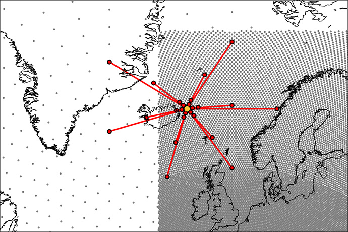 AIFS stretched grid Map showing UK, Ireland, and Nordic countries. Grey dots show the nodes in the hidden mesh in the stretched-grid approach, where a higher-resolution mesh is used in the Nordics and lower resolution elsewhere.
