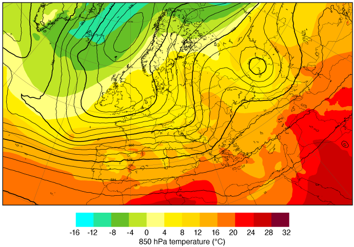AIFS forecast of temperature at 850 hPa and 500 hPa geopotential AIFS forecast of temperature at 850 hPa and 500 hPa geopotential