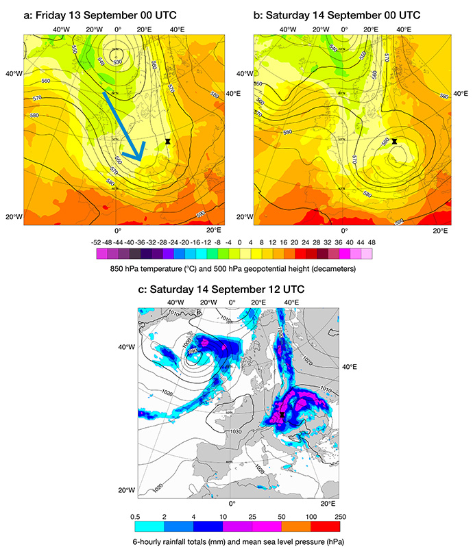 Synoptic overview of storm Boris. Synoptic overview of storm Boris. (a) 850 hPa temperature and 500 hPa height from ECMWF Integrated Forecasting System (IFS) analysis at 00 UTC 13 September; (b) as for (a), but for 00 UTC 14 September; and (c) 6-hour rainfall (valid for 12 to 18 UTC) and mean sea-level pressure from (12 UTC) on 14 September. Location of Vienna is marked.