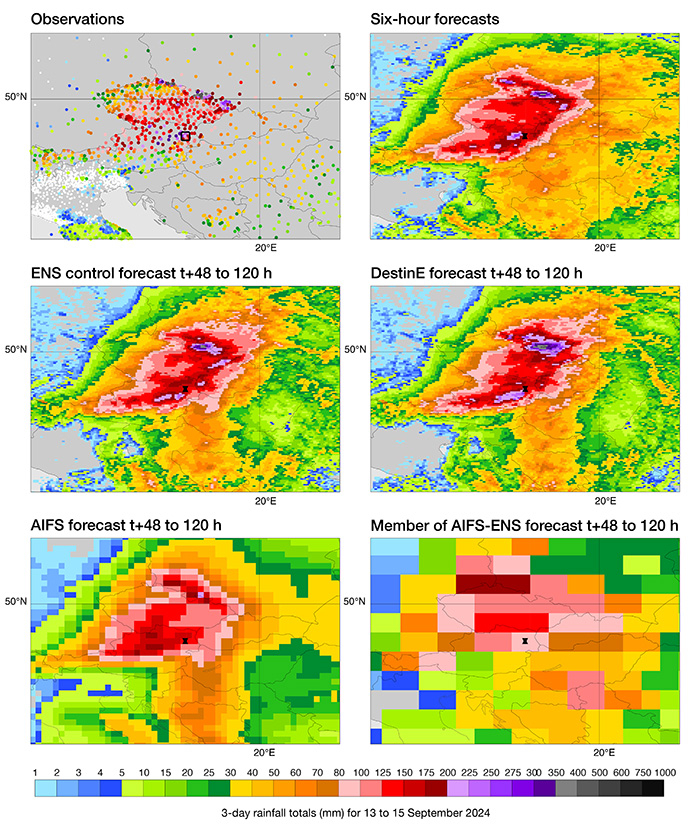 Rainfall observations and forecasts Rainfall observations and forecasts at different spatial resolutions from IFS ENS, Destination Earth, AIFS and AIFS-ENS
