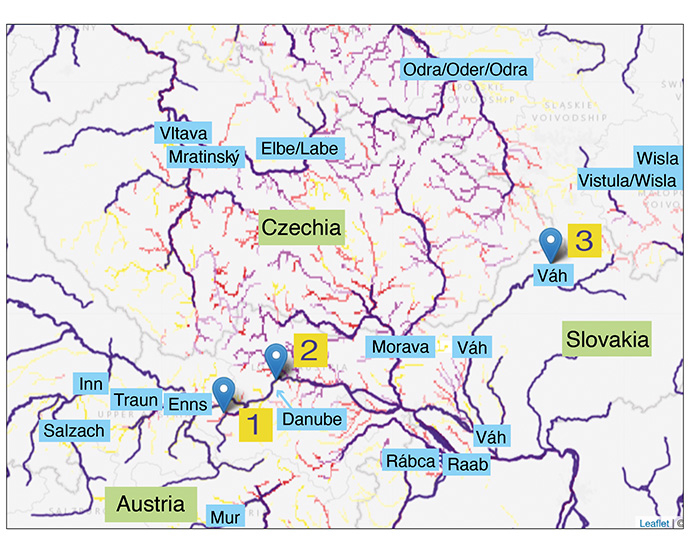EFAS peak flood levels EFAS forecast from 12 September 00 UTC showing where peak floods levels could exceed the 2-year (yellow), 5-year (red) and 20-year (purple) return period within the coming 10 days.