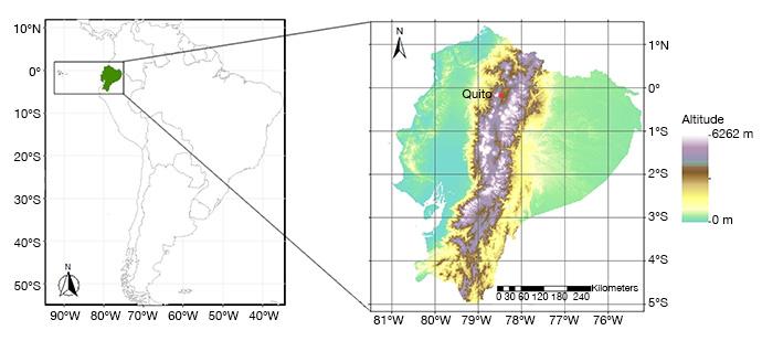 Location of Ecuador (including the Galápagos Islands) and detailed map of mainland Ecuador showing topography