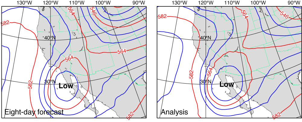 Upper-level weather pattern forecast from 12 UTC 31/12/24 for 12 UTC 08/01/25 and analysis