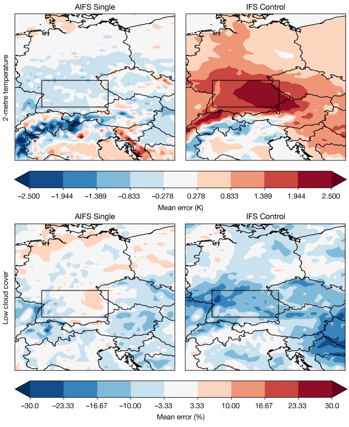 T2m and LCC error maps during anticyclonic days of Dec, Jan, Feb 2024/25