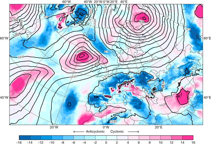 CURV values and mean sea level pressure over Europe 31 December 2024