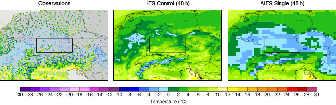 Observations and 48 h 2-metre temp forecasts from IFS and AIFS