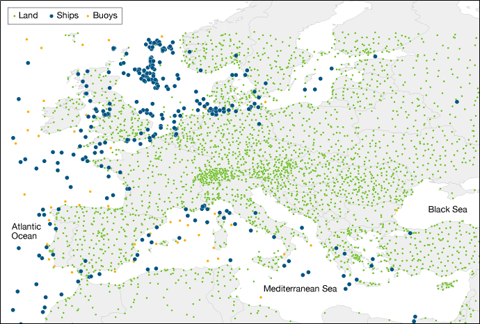 ECMWF data coverage in Europe from ships, buoys and on land ECMWF data coverage in Europe from ships, buoys and on land
