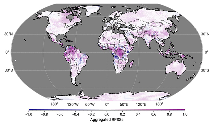 Spatial distribution of aggregated RPSSs for ECMWF’s IFS near-surface air temperature forecasts with a three-week lead time (days 19 to 25) between 4 July 2024 to 26 June 2025.  