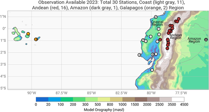 Observations Ecuadaor 2023 Graph showing rainfall observations available n Ecuador. The Y axis spans 5 degrees S to 1 degrees N. On the X axis range is 90 degrees W to 77.5 degrees W. Regions include Amazon, Andean and Coastal