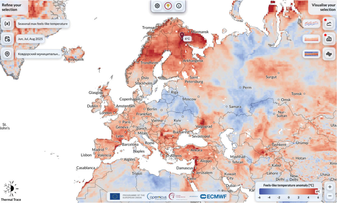 Screenshot from Thermal Trace. A map of anomalies in the seasonal maximum feels-like temperature (UTCI) for summer (June to August) 2025, relative to the average for the 1991-2020 reference period.