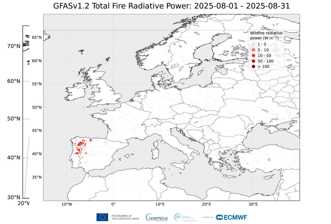 Map of gridded fire locations and Fire Radiative Power for Europe between 1 and 31 August 2025.