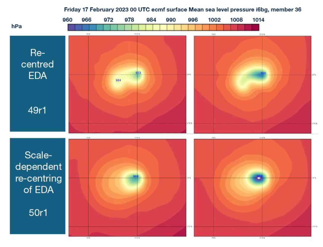 Mean sea level pressure at forecast step = 0 h for Tropical Cyclone Freddy on 17 February 2023 at 00 UTC, shown for ENS members 36 and 45.