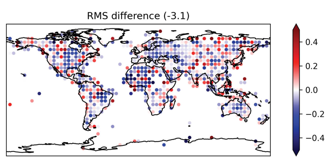 Change in root mean square (RMS) first-guess departure (in %) for 2-metre temperature for IFS Cycle 50r1 when compared to observations assimilated in IFS Cycle 49r1.