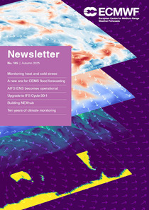 ECMWF Autumn 2025 newsletter cover. Background is purple with layered image of flat maps. The ECMWF logo appears in the top right corner. In a pink box on the left the newsletter contents is displayed in white text