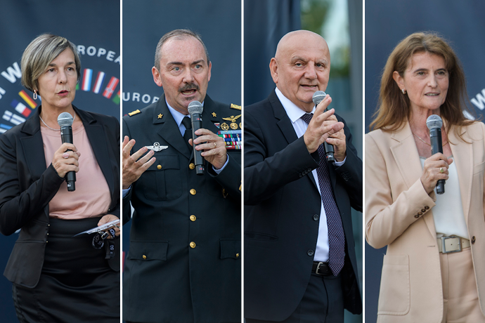 Collage photo of four different photos of reception speakers. They are all holding a microphone
