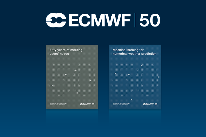 Two publication covers - one grey and one blue - on a blue background with the ECMWF logo.