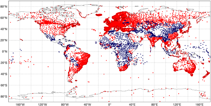 Map of world with blue and red dots