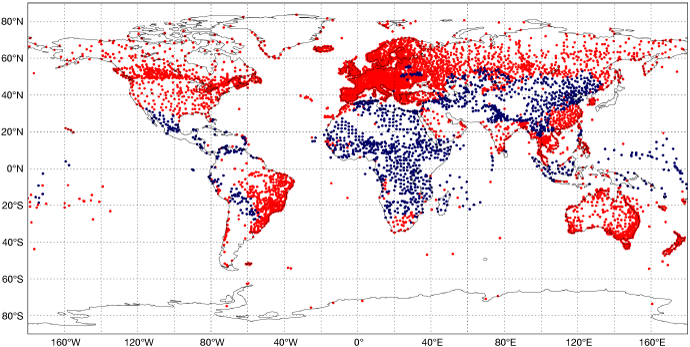 Map of the world with red and blue dots. A huge number of red dots are found in North America, Europe, Brazil and Australia whereas blue dots predominately cover Africa, central America and parts of Asia