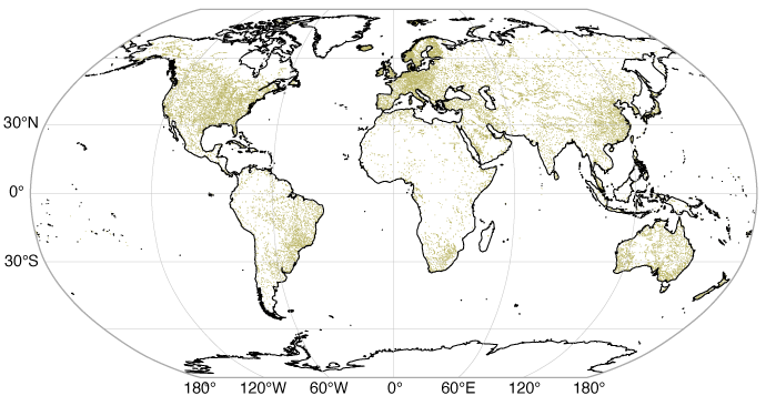 Global map with beige colouring in places