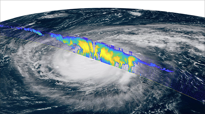 Satellite image of Hurricane Humberto with radar reflectivity from EarthCARE 
