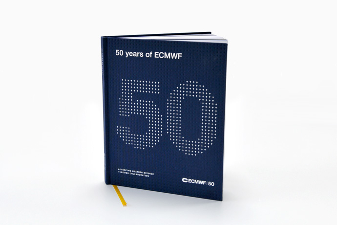 50th anniversary book cover on a white background. The book is dark blue with a giant '50' in white below smaller white text that reads '50 years of ECMWF'