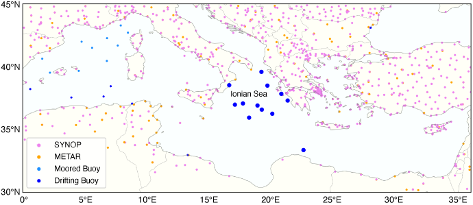 Map of Ionian sea with blue dots showing locations of buoys