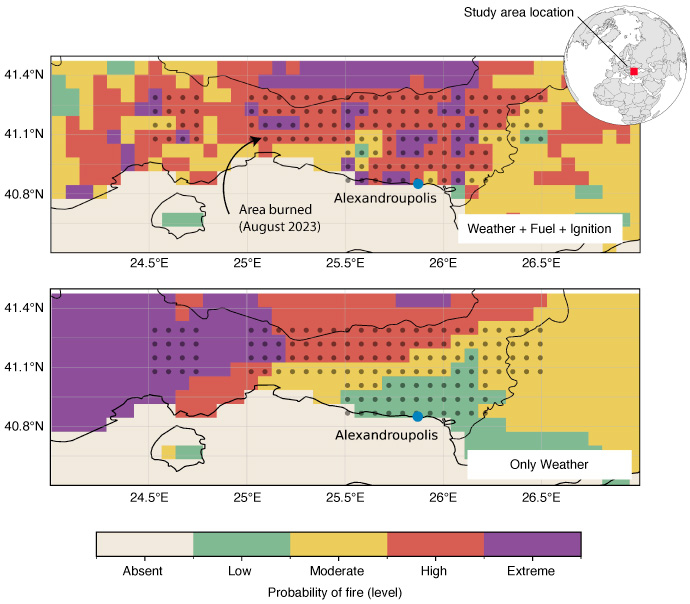 Two maps showing probability of fire using weather, fuel and ignition-related predictors, or weather only.